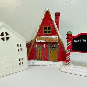 3 Christmas Ceramic:A-Frame W/Light,House For Light/Candle, "Days Til Santa"Sign